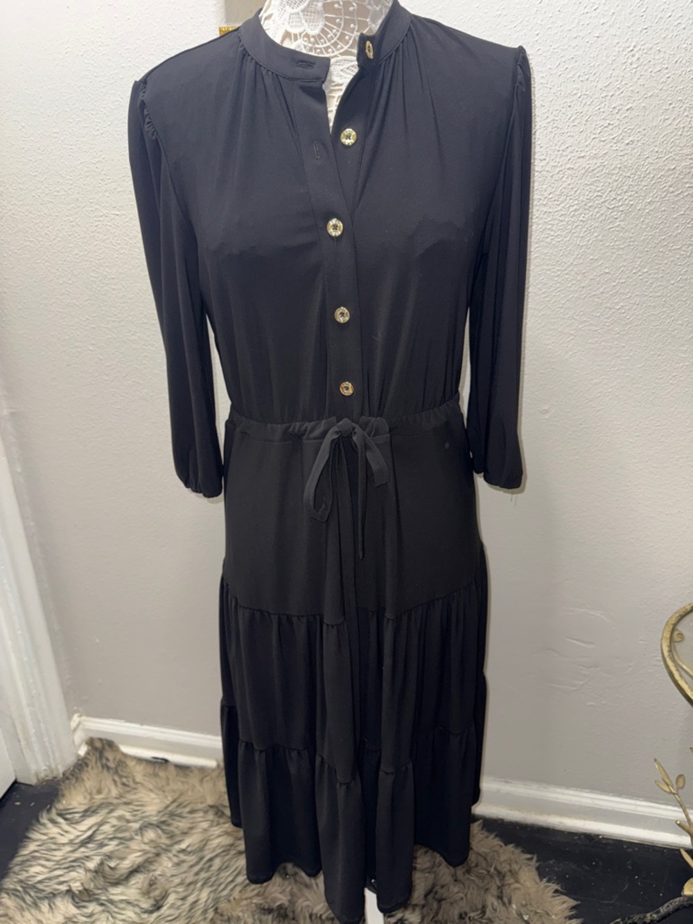Anne Klein Black Tiered Midi Dress with Gold Buttons and Waist Tie
